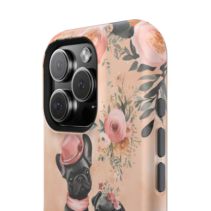 Floral French Bulldogs MagSafe iPhone Case – Elegant Dog Design with Tea Cups & Roses, Shockproof Protection