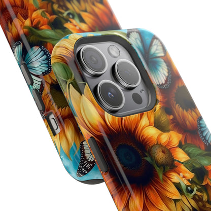 Aqua Blue Butterfly & Sunflower Art – MagSafe iPhone Case