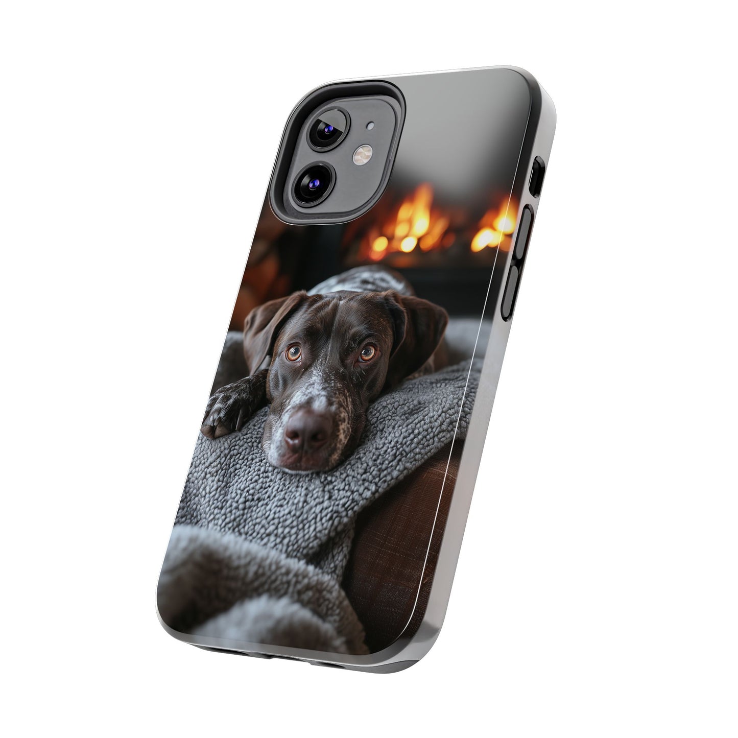 Cozy German Shorthaired Pointer iPhone Case – Rustic Fireplace Protective Cover