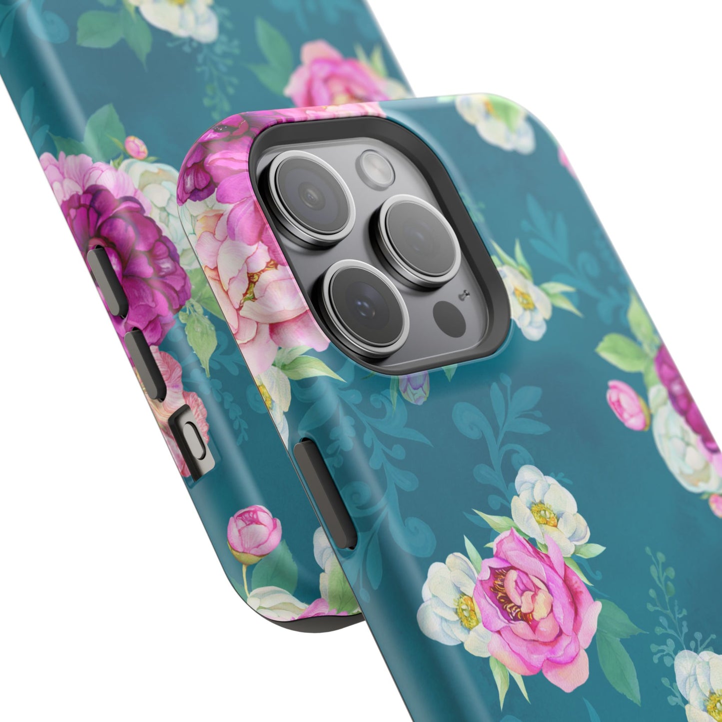 Elegant Peony Bouquet MagSafe iPhone Case – Deep Teal Background with Romantic Floral Design