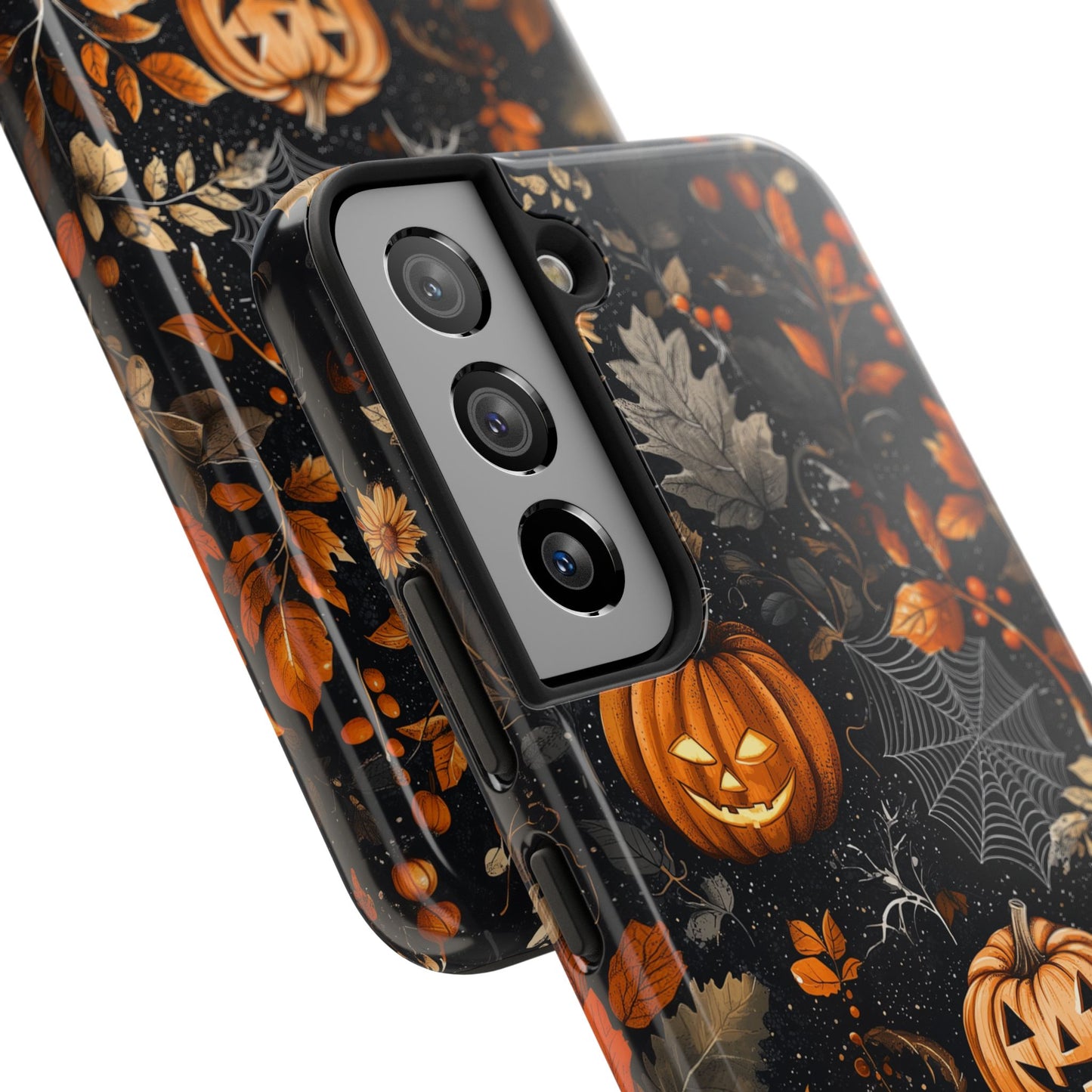 Elegant Halloween Samsung Galaxy  Case – Pumpkin Jack-o'-Lanterns, Cobwebs & Autumn Foliage Design