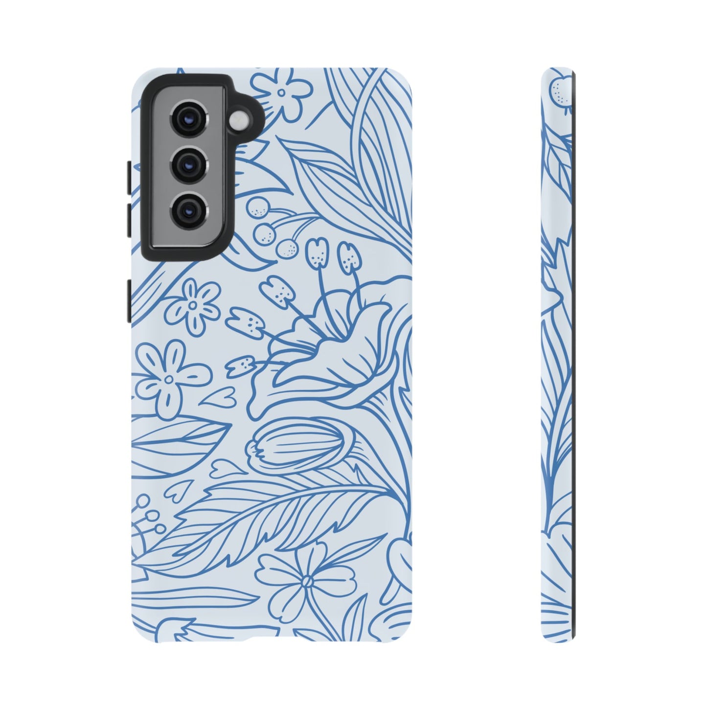 Dusty Blue Floral Line Art Tough Samsung Galaxy Case – Minimalist Botanical Design with Dual-Layer Protection