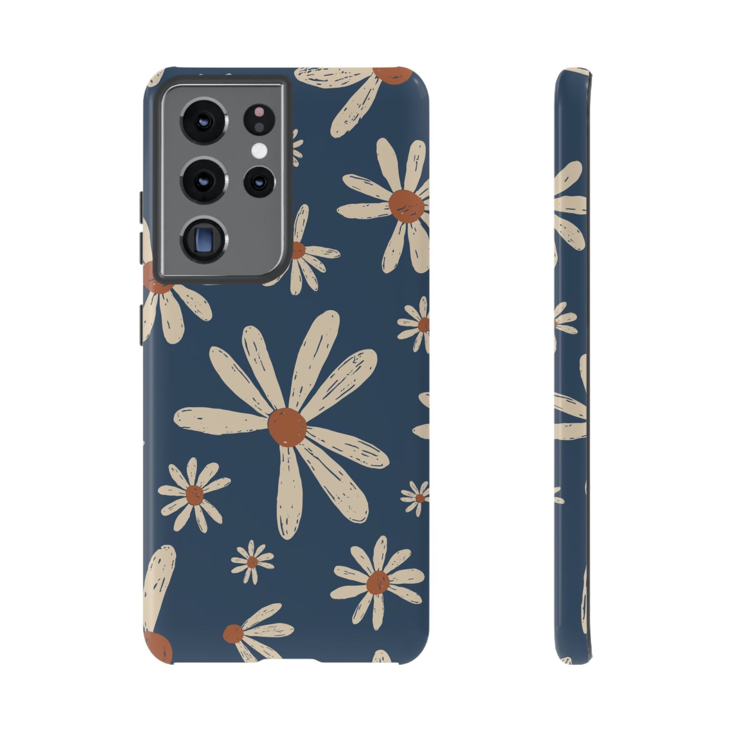 Vintage Daisies Samsung Galaxy Case – Navy Blue Floral Design, Scratch-Resistant with Shock-Absorbing Bumper