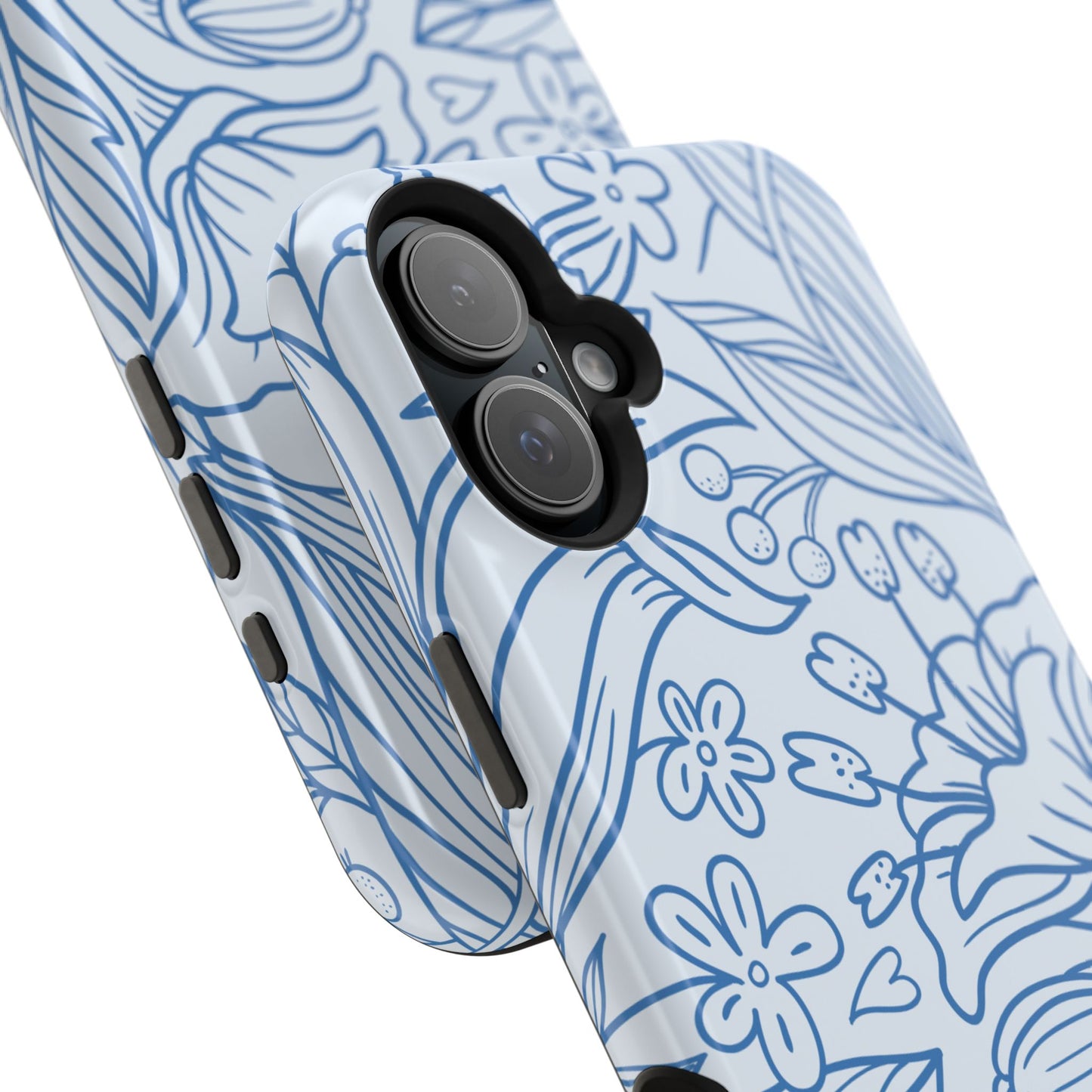 Dusty Blue Floral Line Art Tough MagSafe iPhone Case – Minimalist Botanical Design with Dual-Layer Protection