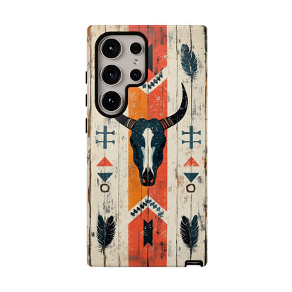 Rustic Western Bull Skull Tough Samsung Galaxy Case – Distressed Wood Design, Dual-Layer Protection