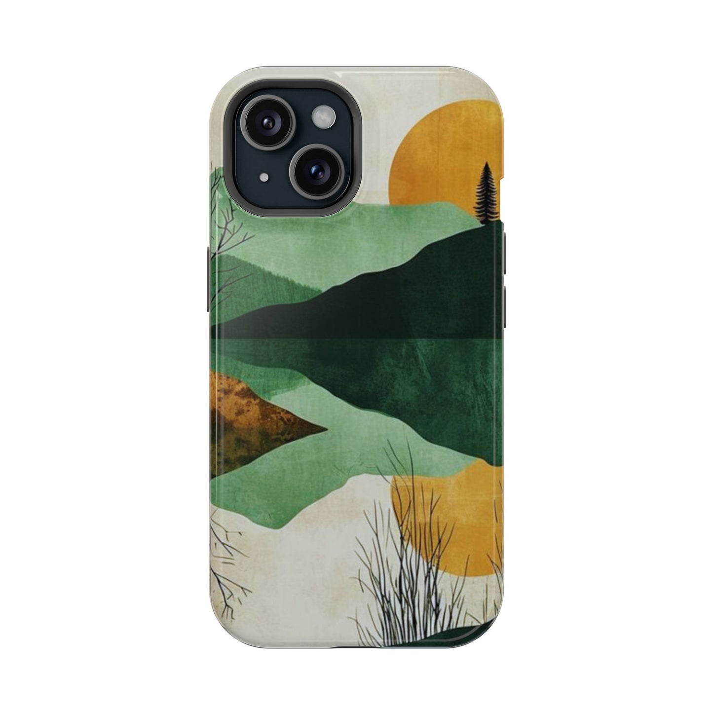 Retro Mountain Sunrise MagSafe iPhone Case – Minimalist Landscape Design, Dual-Layer Protection