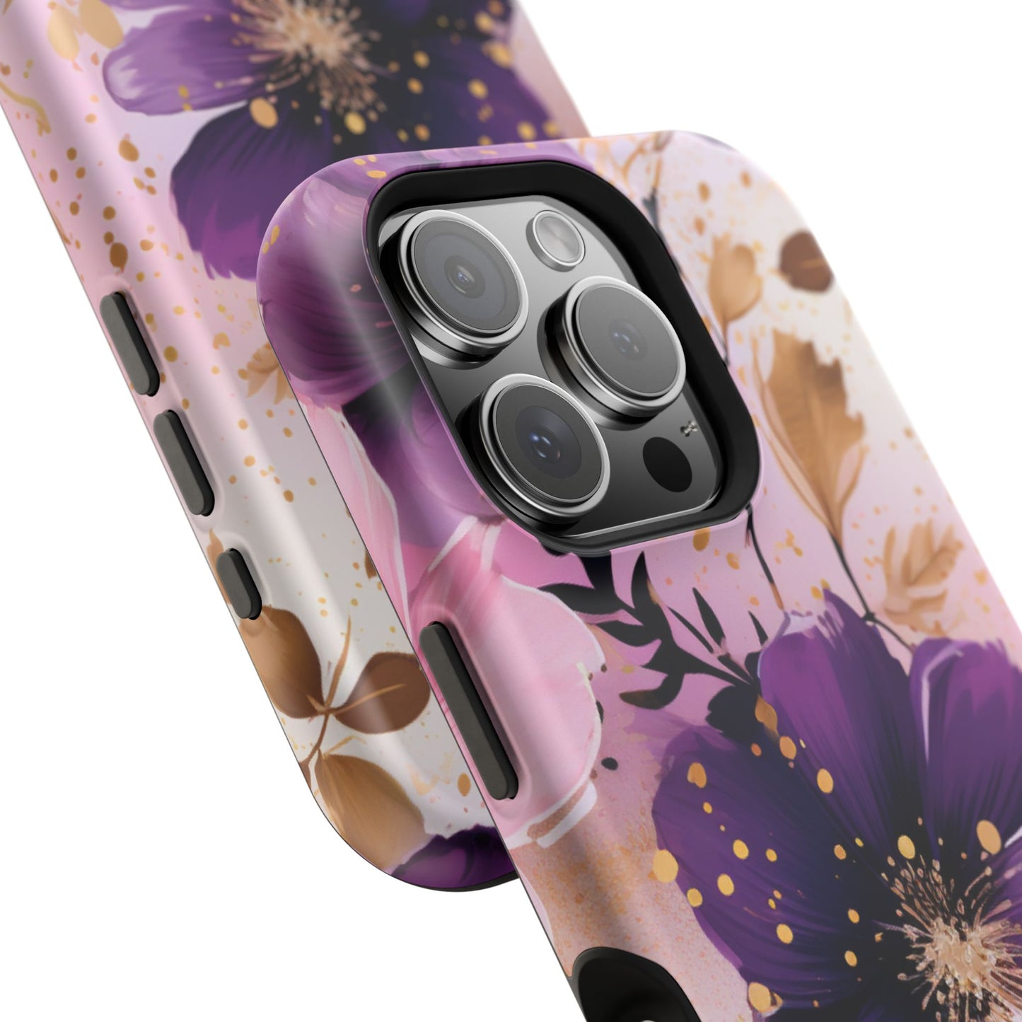 Elegant Purple & Gold Floral MagSafe iPhone Case - Luxe Flower Design