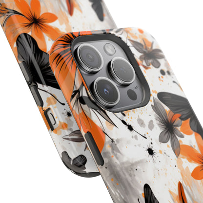 Orange Blossom & Black Butterfly MagSafe iPhone Case – Bold Floral Pattern with Modern Abstract Style