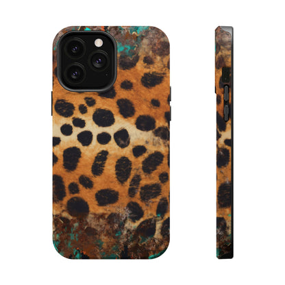 Rustic Leopard Print Tough MagSafe iPhone Case – Distressed Turquoise and Animal Pattern with Dual-Layer Protection