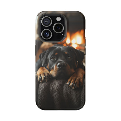 Cozy Rottweiler by the Fireplace MagSafe iPhone Case – Warm Rustic Design