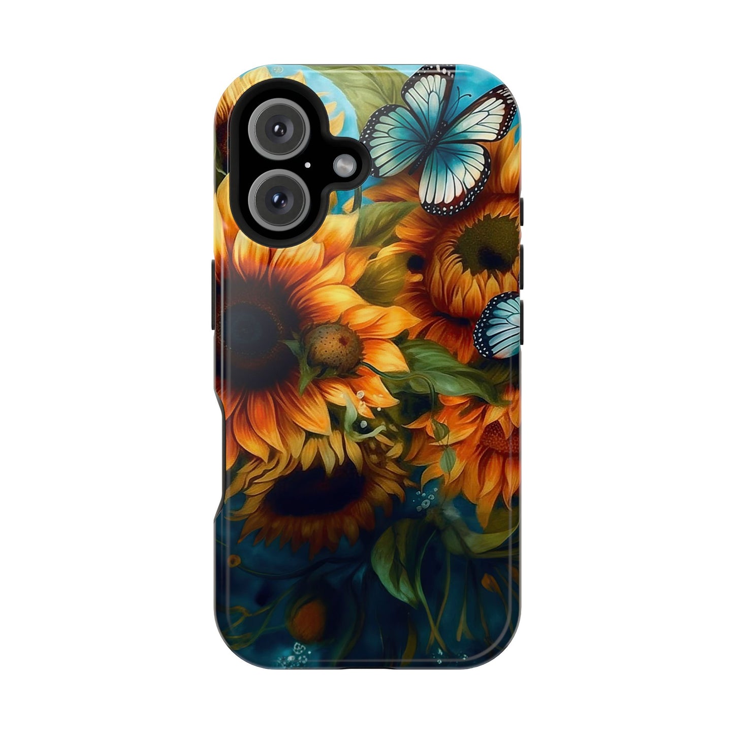 Aqua Blue Butterfly & Sunflower Art – MagSafe iPhone Case