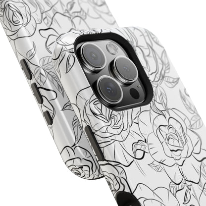 Monochrome Rose Garden Tough MagSafe iPhone Case – Elegant Floral Line Art with Dual-Layer Protection