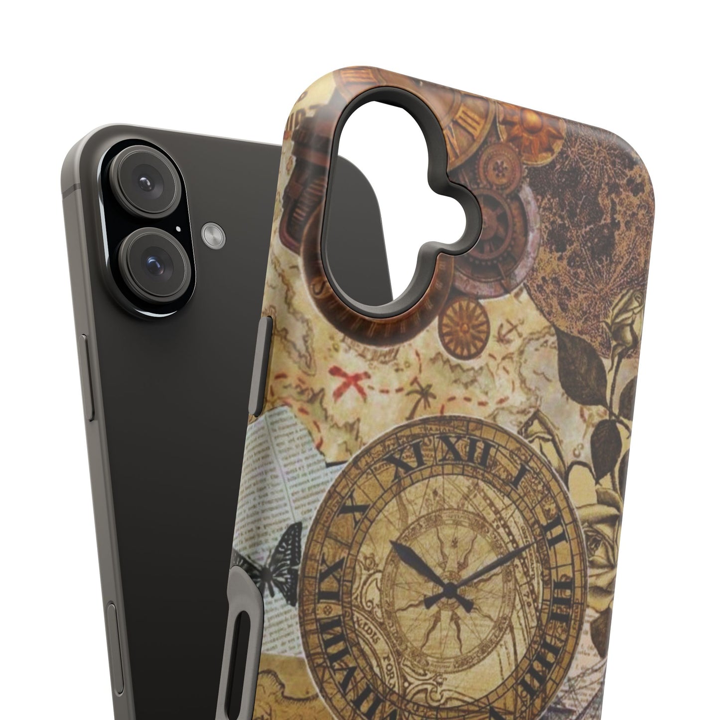 Steampunk Vintage Adventure MagSafe iPhone Case – Dual-Layer Protection with Antique Map and Clock Design