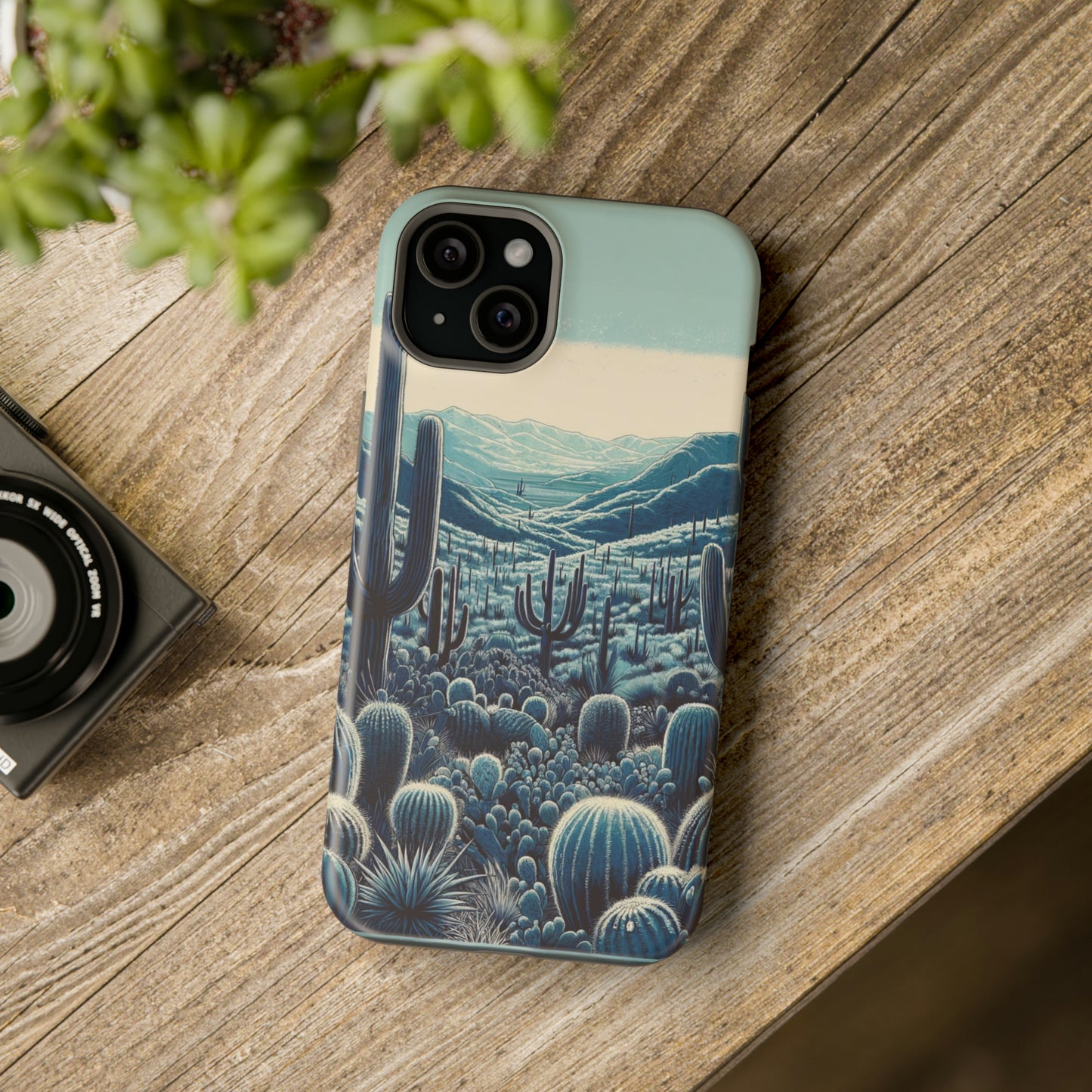 Desert Blues MagSafe Case - Serene Cactus Landscape for iPhone Series 13, 14, & 15