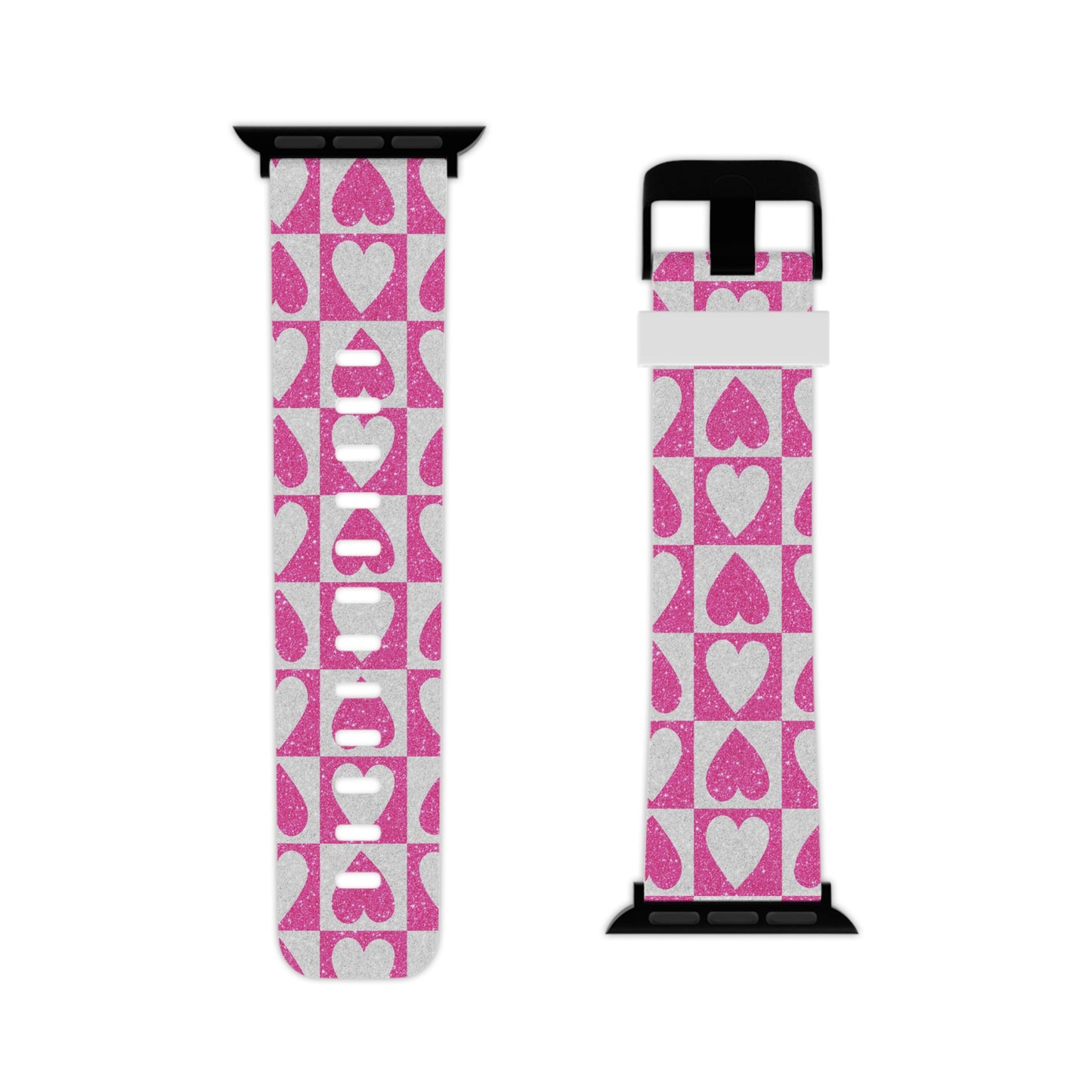 Pink Glitter Heart Checkered Pattern Apple Watch Band