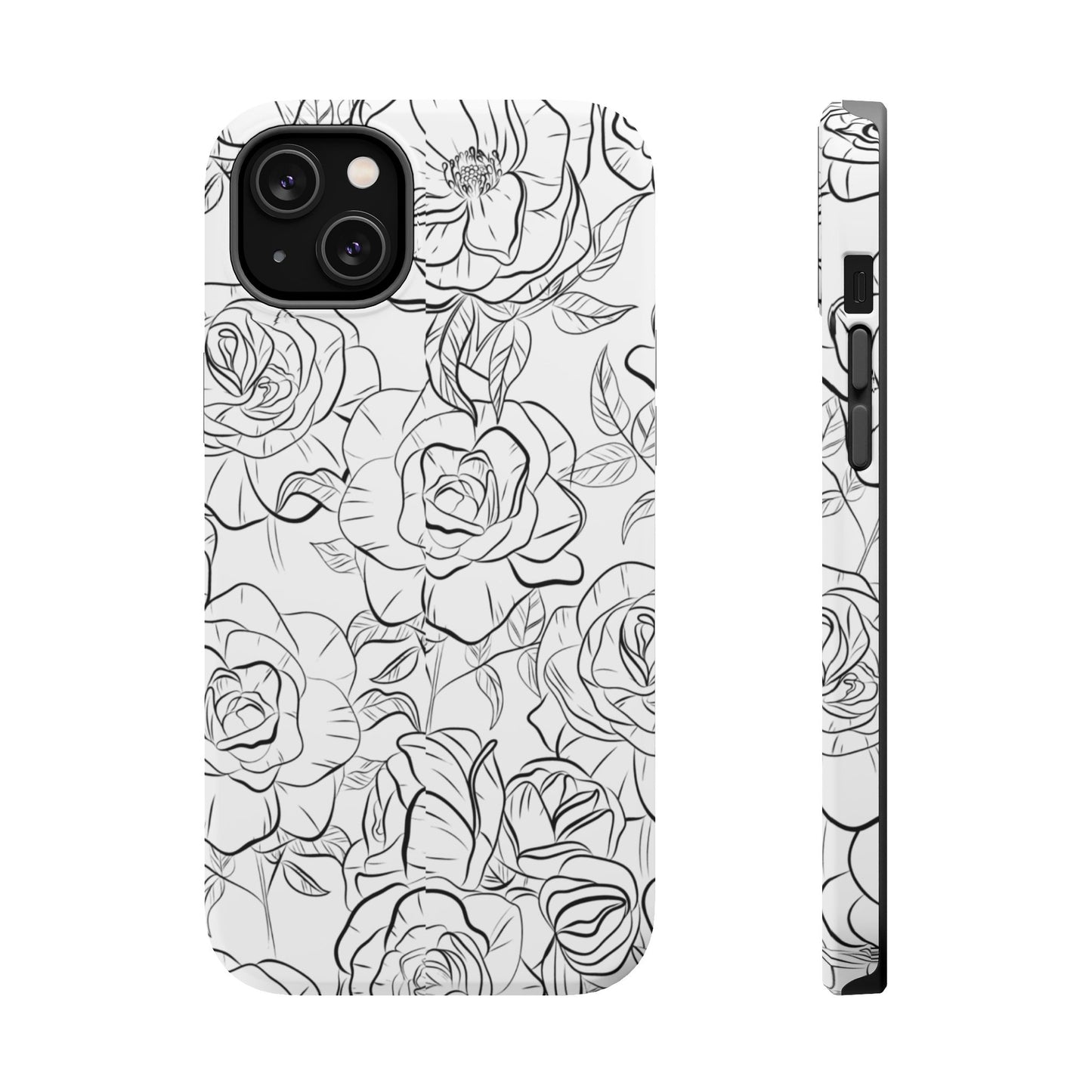 Monochrome Rose Garden Tough MagSafe iPhone Case – Elegant Floral Line Art with Dual-Layer Protection