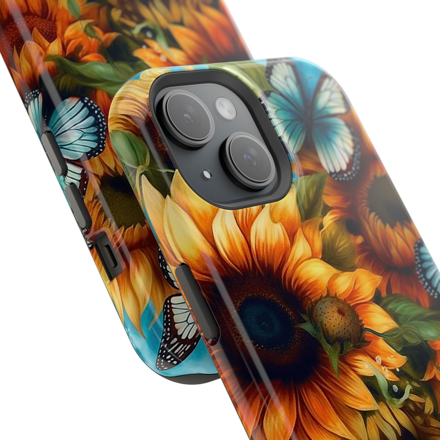 Aqua Blue Butterfly & Sunflower Art – MagSafe iPhone Case