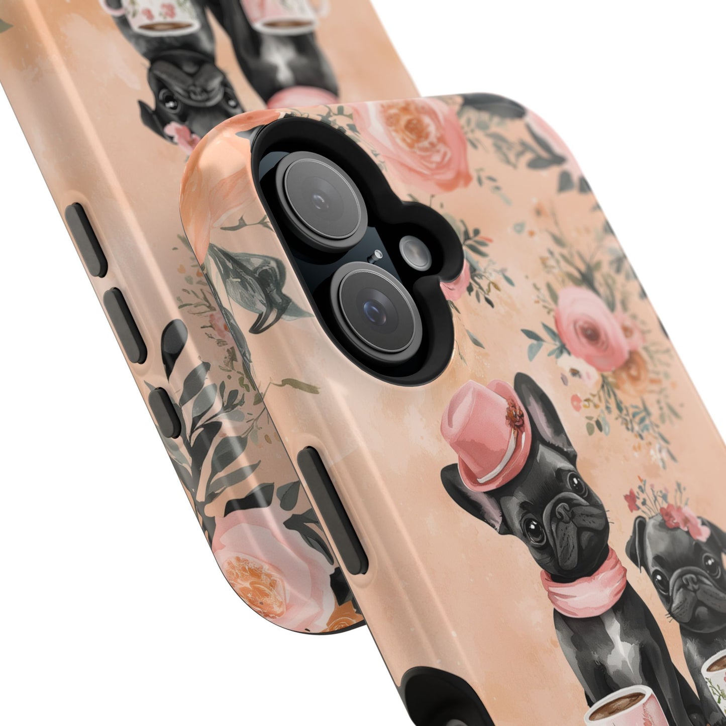 Floral French Bulldogs MagSafe iPhone Case – Elegant Dog Design with Tea Cups & Roses, Shockproof Protection