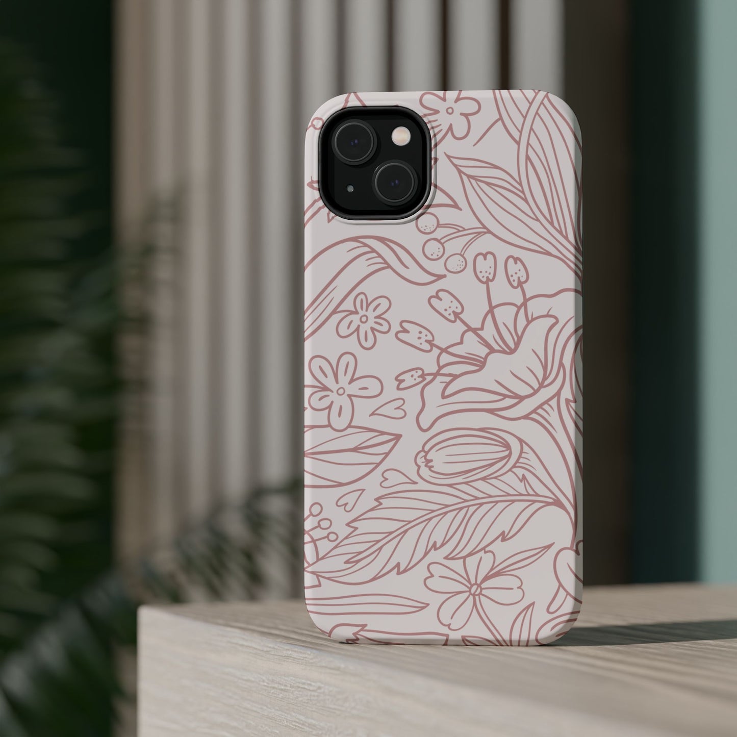 Blush Floral Line Art Tough MagSafe iPhone Case – Delicate Minimalist Design with Dual-Layer Protection