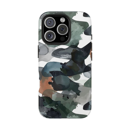 Moody Abstract Watercolor iPhone Case – Earthy Green and Charcoal Design