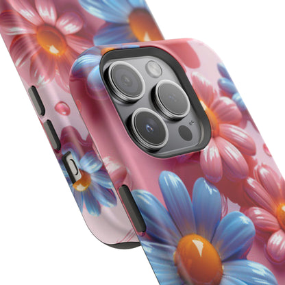 Pastel Daisy 3D MagSafe iPhone Case – Glossy Pink and Blue Floral Design, Full Protection