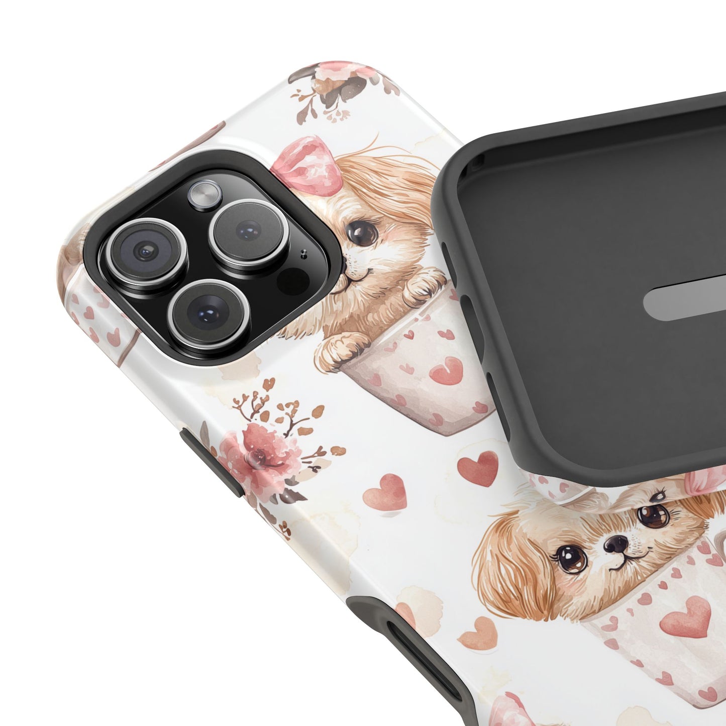 Cute Puppies in Heart MagSafe iPhone Case – Adorable Dog & Floral Design, Shockproof & Slim