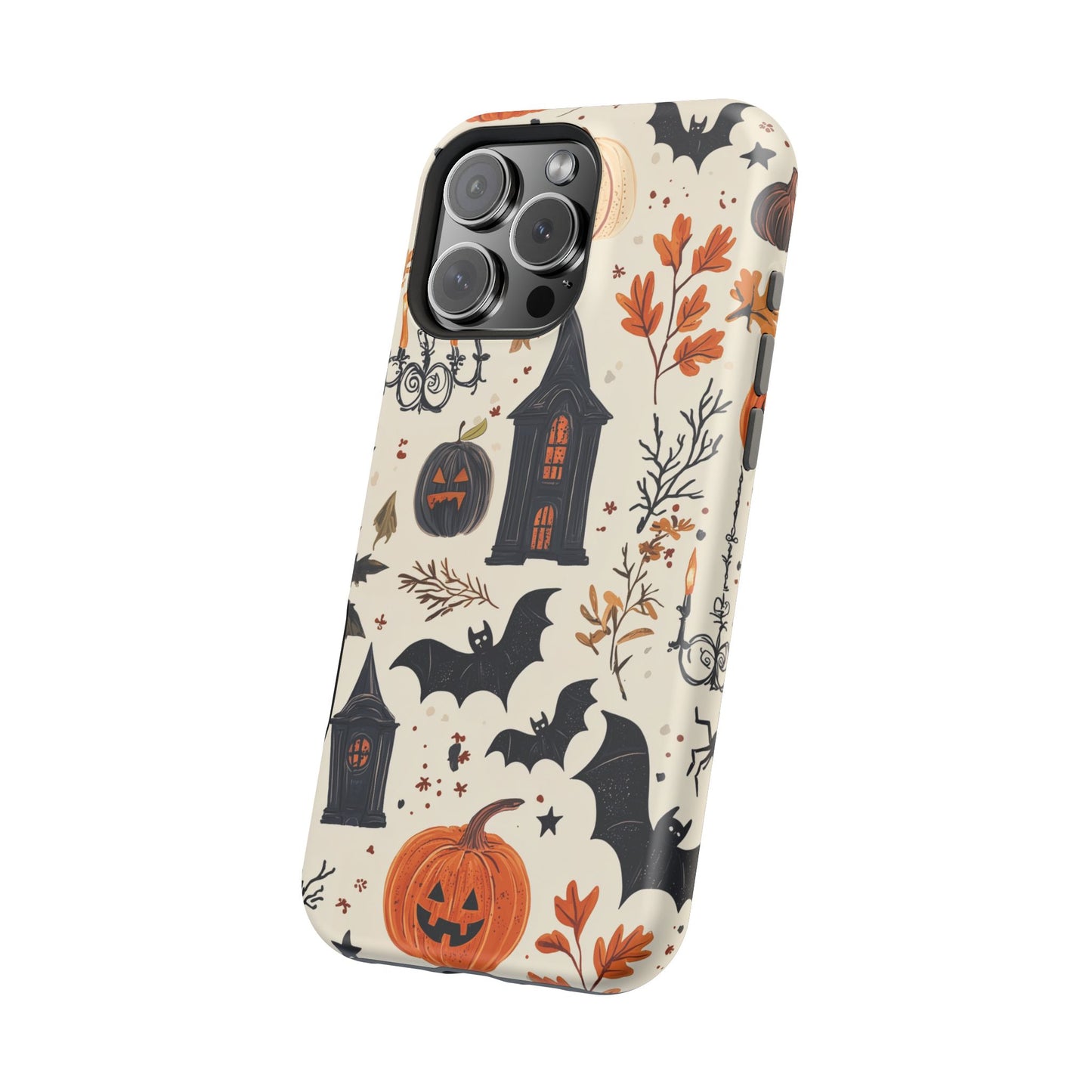 Haunted Halloween MagSafe iPhone Case – Haunted House, Bats, and Pumpkins Design