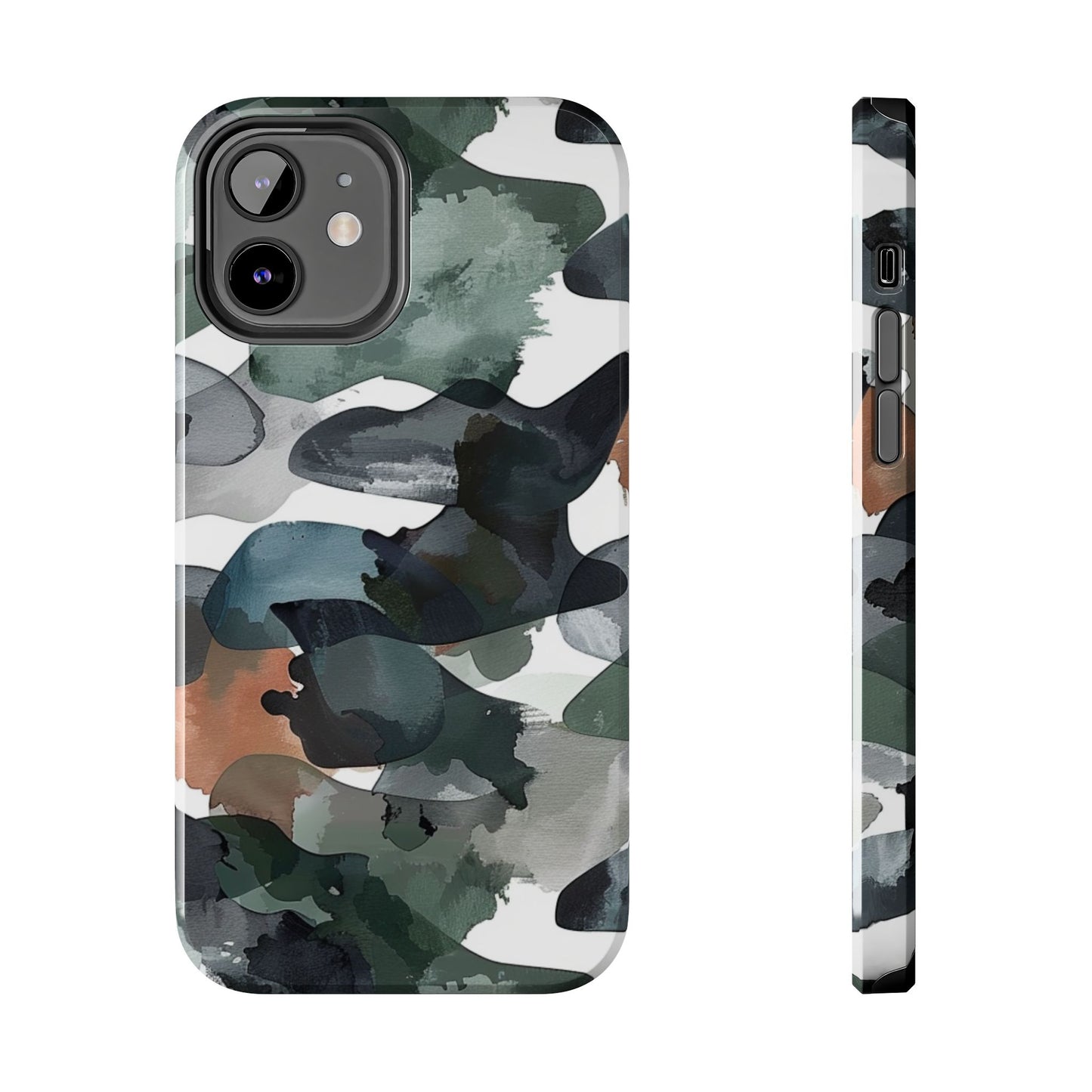 Moody Abstract Watercolor iPhone Case – Earthy Green and Charcoal Design