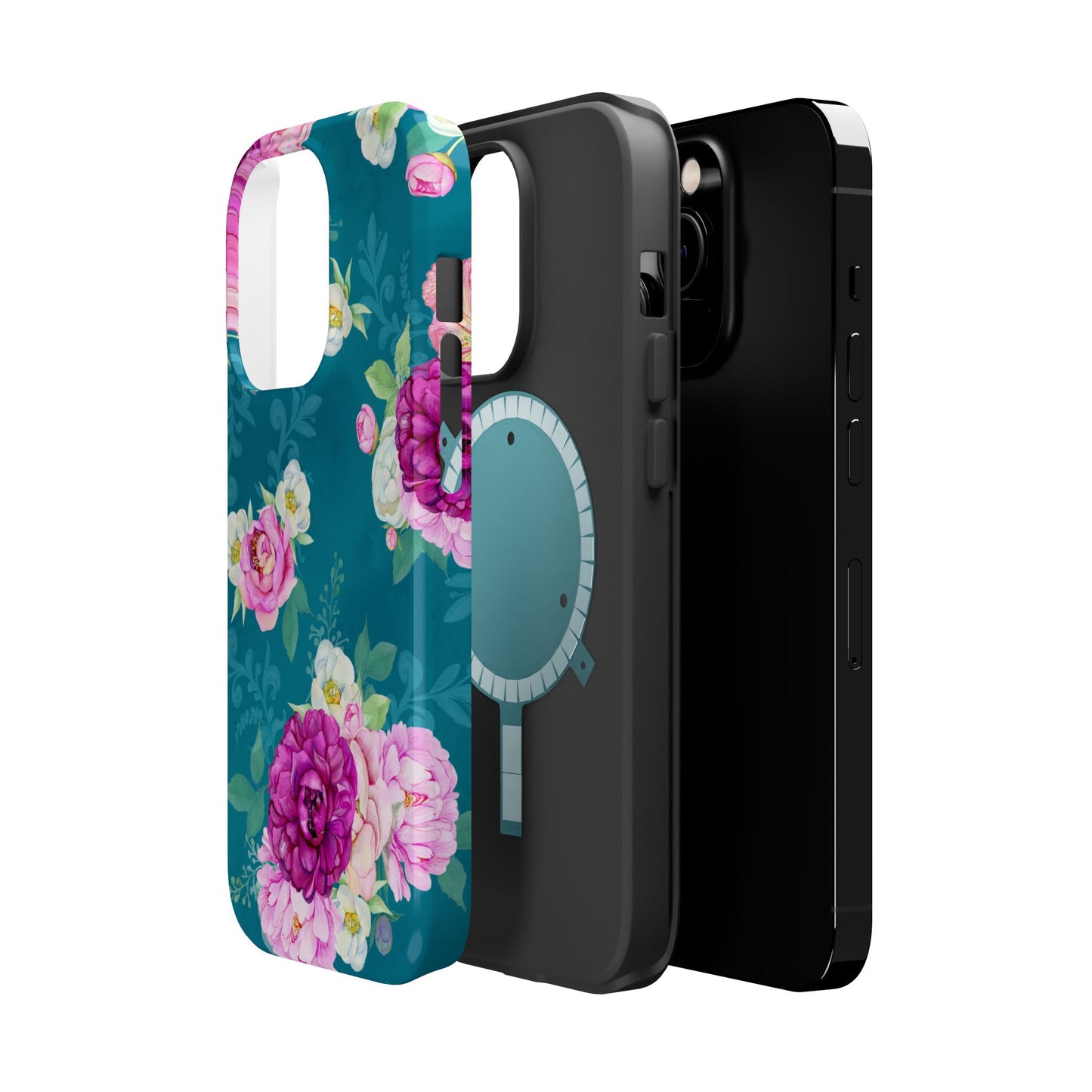 Elegant Peony Bouquet MagSafe iPhone Case – Deep Teal Background with Romantic Floral Design