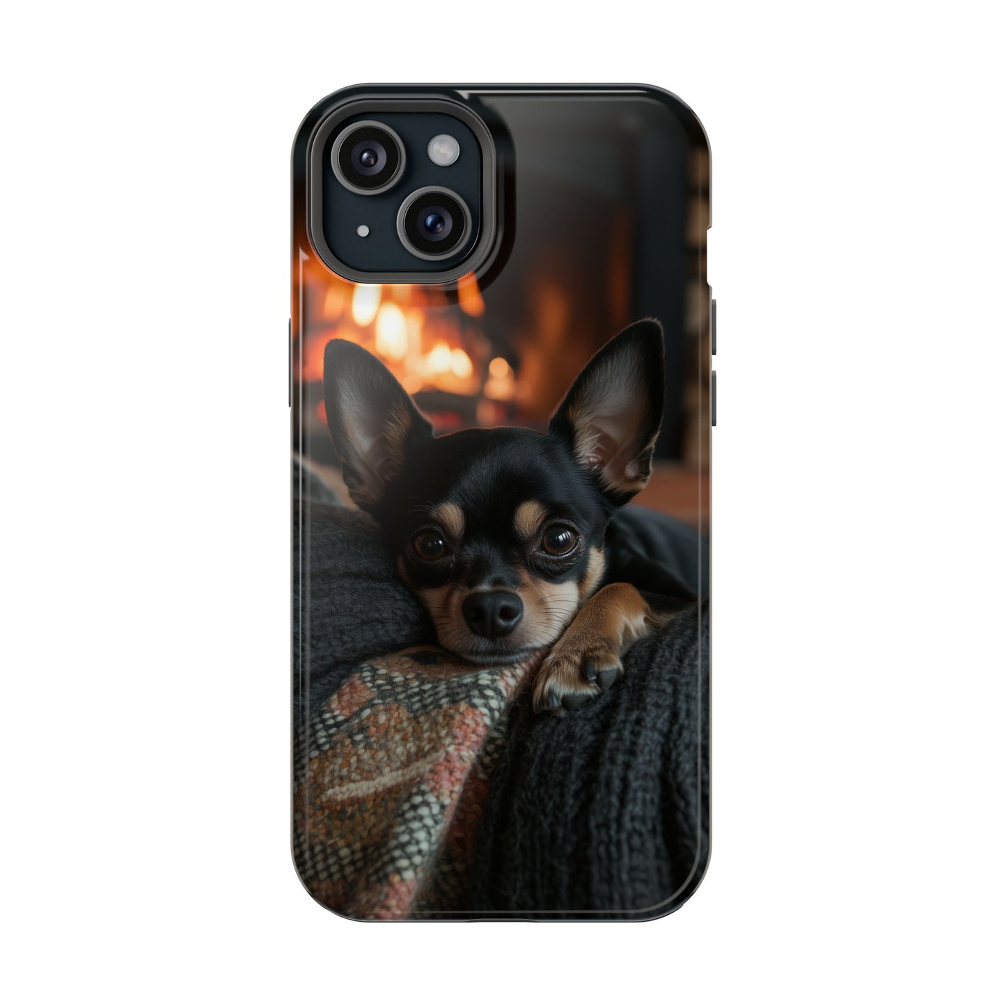 Cozy Chihuahua Fireplace MagSafe iPhone Case – Elegant and Functional Design