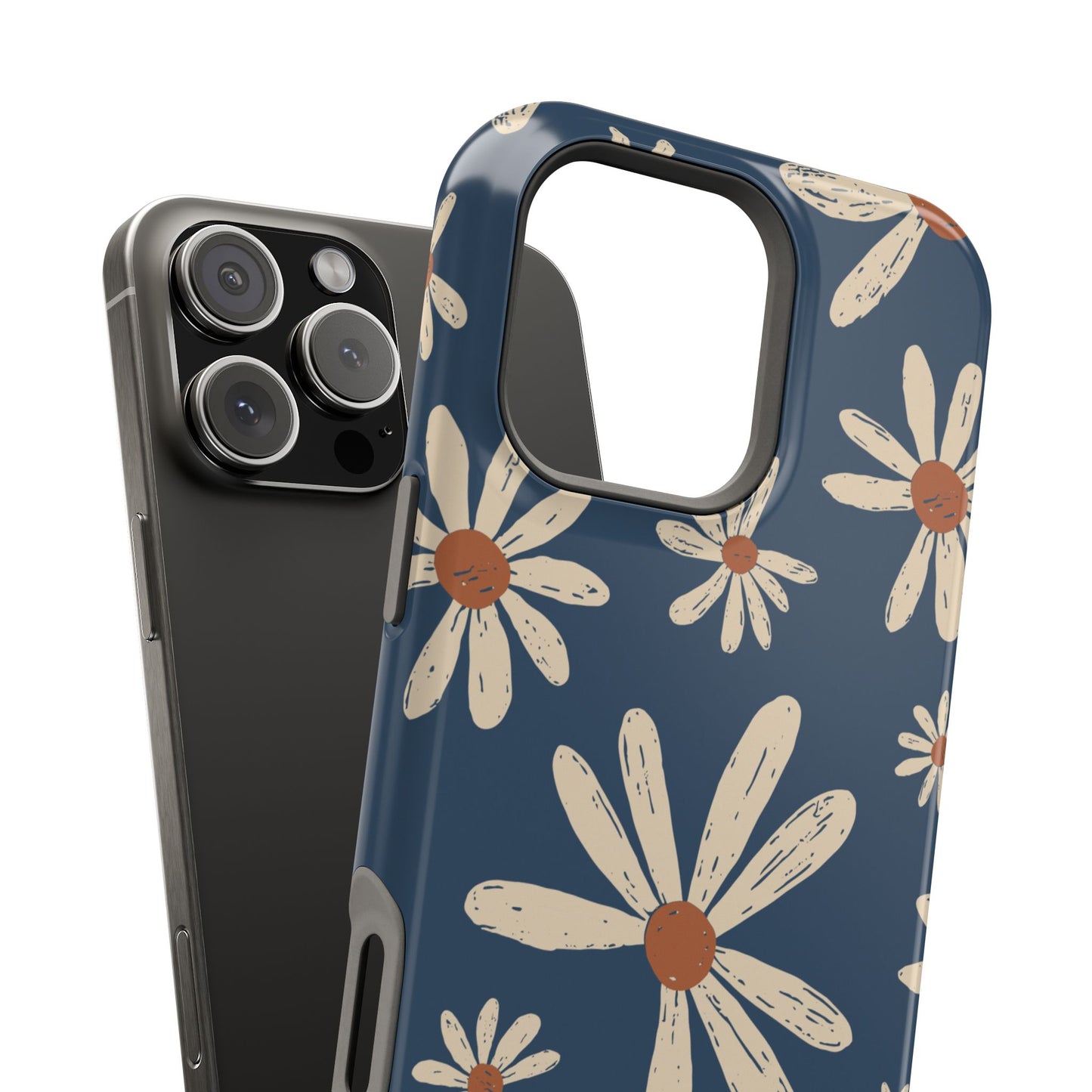 Vintage Daisies MagSafe iPhone Case – Navy Blue Floral Design, Scratch-Resistant with Shock-Absorbing Bumper