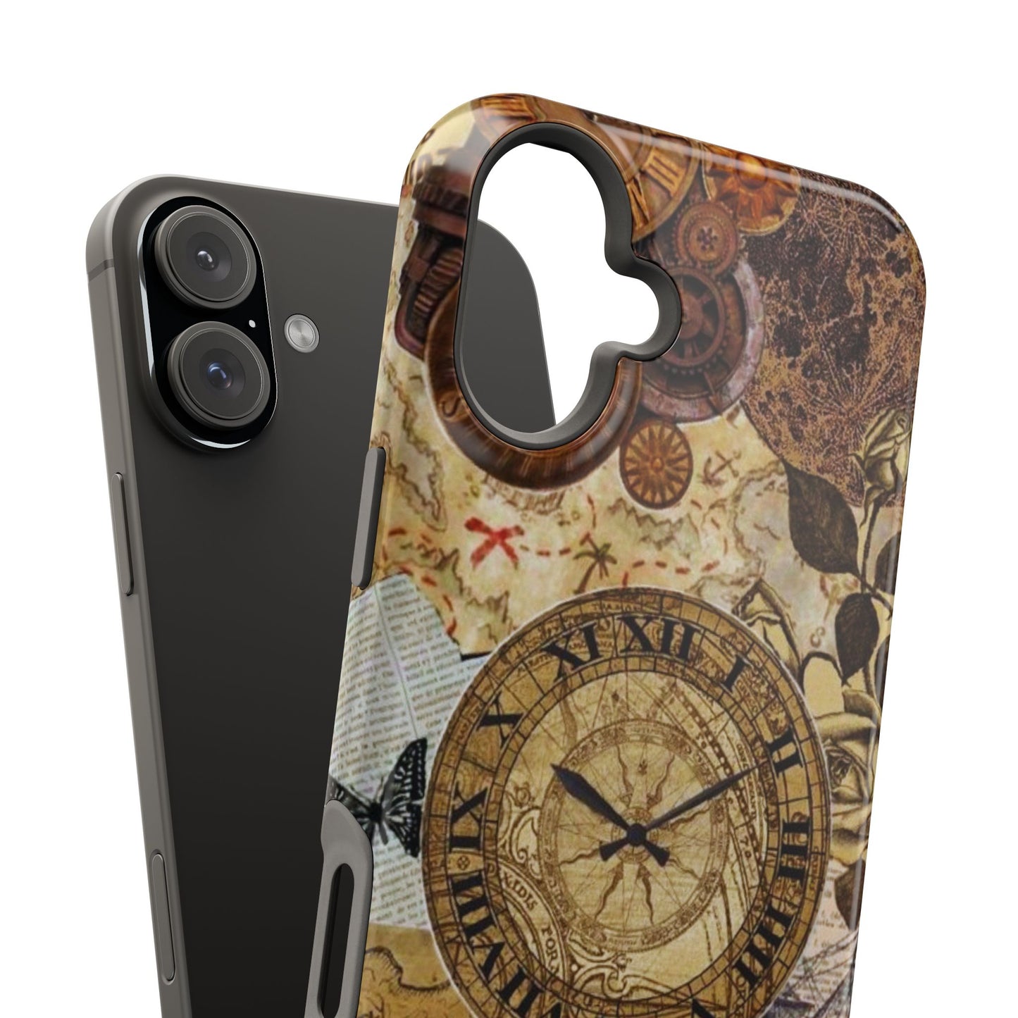 Steampunk Vintage Adventure MagSafe iPhone Case – Dual-Layer Protection with Antique Map and Clock Design