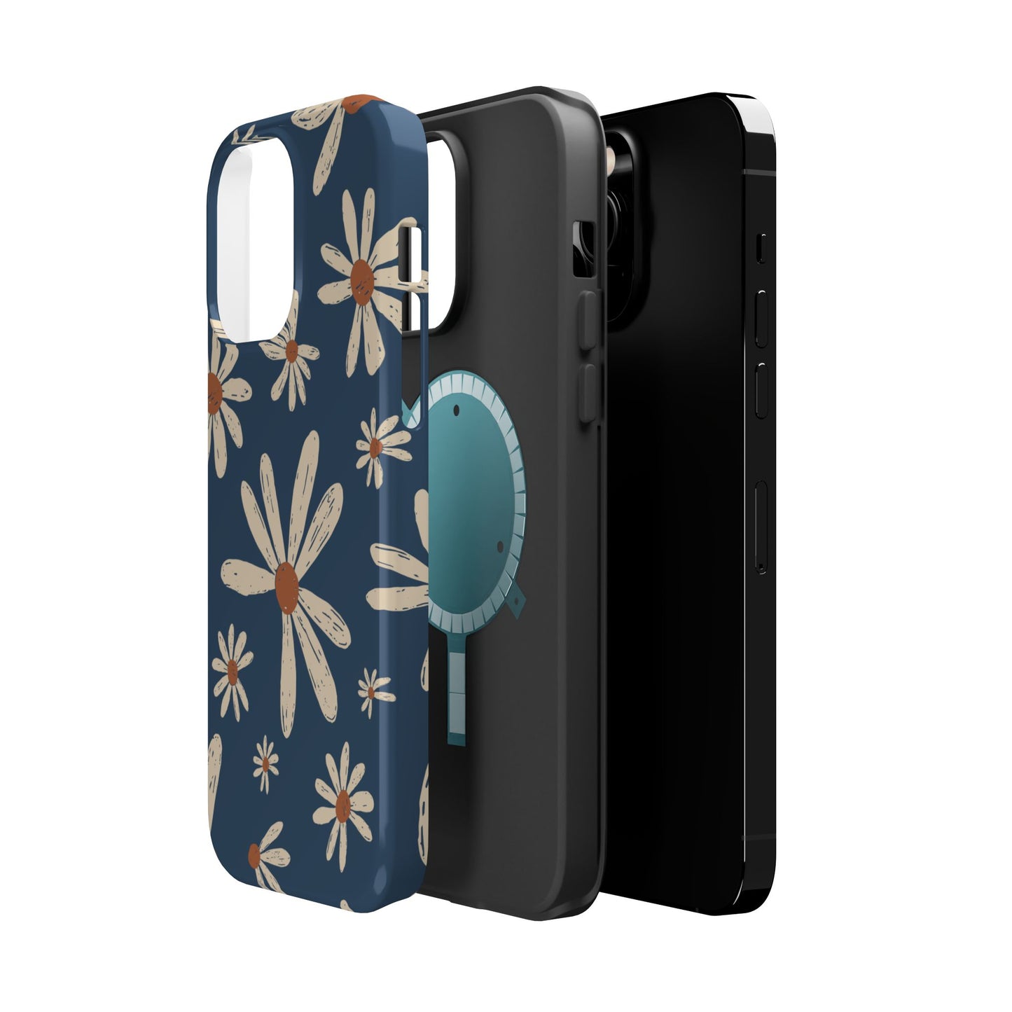 Vintage Daisies MagSafe iPhone Case – Navy Blue Floral Design, Scratch-Resistant with Shock-Absorbing Bumper