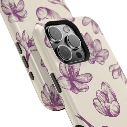 Vintage Botanical Floral Tough MagSafe iPhone Case – Hand-Drawn Purple Flowers, Shockproof Design