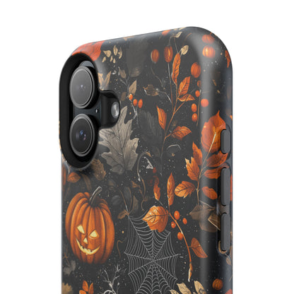 Elegant Halloween MagSafe iPhone Case – Pumpkin Jack-o'-Lanterns, Cobwebs & Autumn Foliage Design