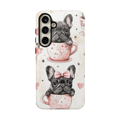 French Bulldogs in Teacups Samsung Galaxy Case – Cute Dog Design with Hearts & Bows, Shockproof & Slim