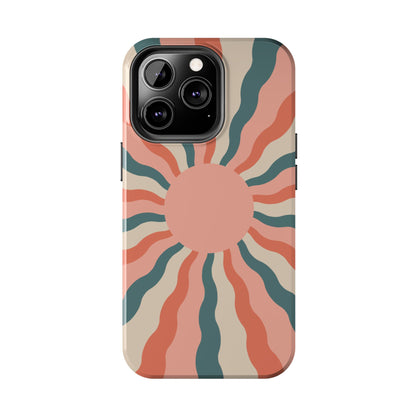 Retro Sunburst iPhone Case – Bold 70s-Inspired Waves in Coral, Teal, and Cream