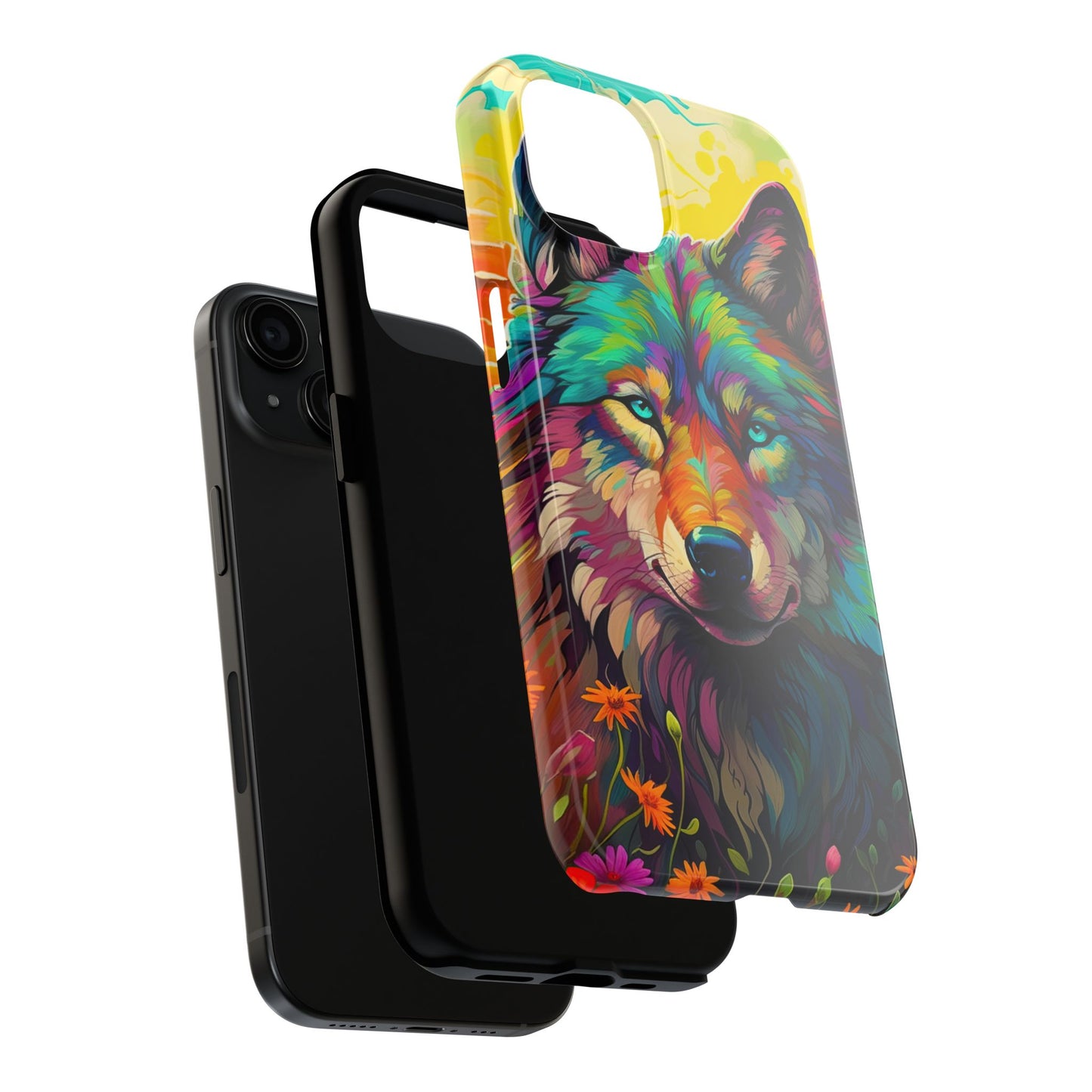 Rainbow Wolf in Bloom – iPhone Case with Vivid Nature Design