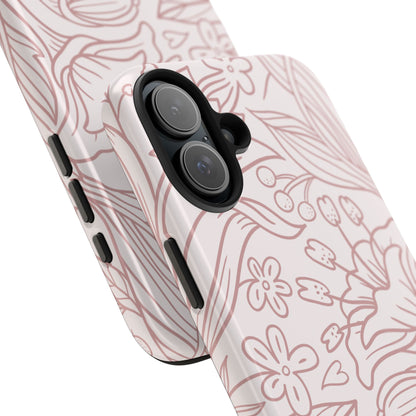 Blush Floral Line Art Tough iPhone Case – Delicate Minimalist Design with Dual-Layer Protection