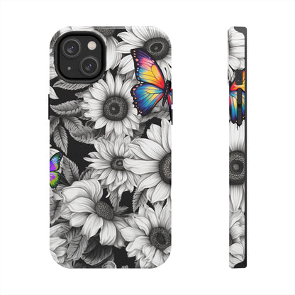 Rainbow Butterflies & Monochrome Sunflowers – iPhone Case