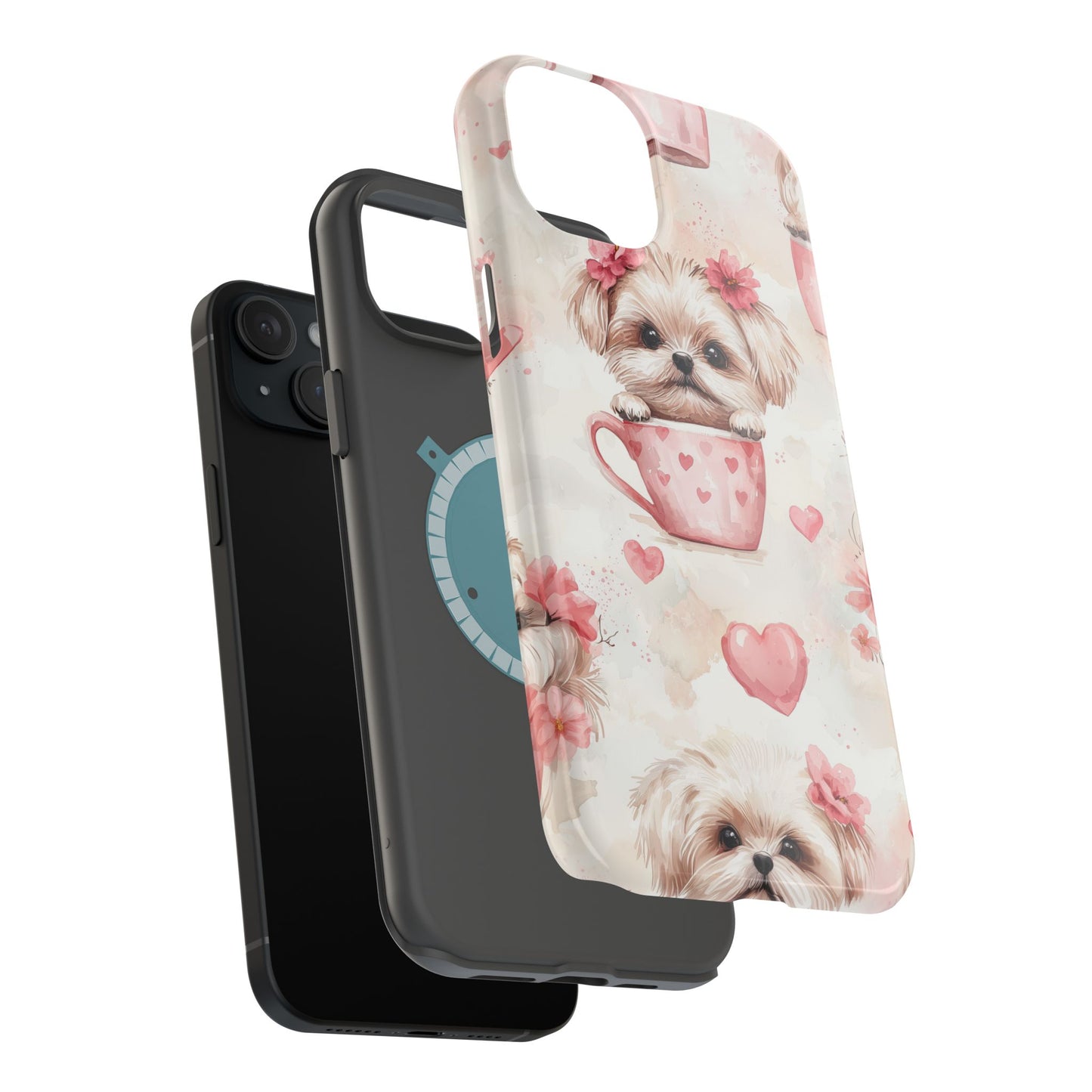 Floral Puppy in Teacup MagSafe iPhone Case – Cute Pink Flower Design, Tough Dual-Layer Protection