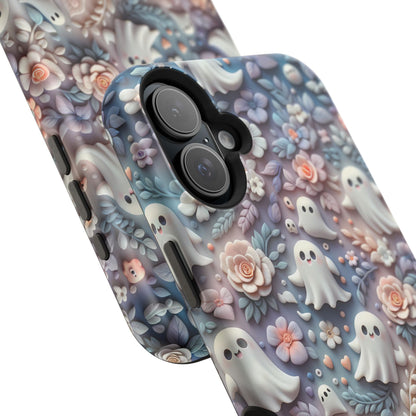 Cute MagSafe Ghosts Flowers Phone Case | Ethereal Clay Style | Autumn and Halloween Aesthetic | Tough Dual Layer Protection