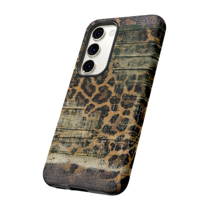 Rustic Wood and Leopard Print Tough Samsung Galaxy Case – Distressed Western Design with Dual-Layer Protection