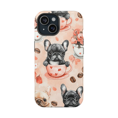 French Bulldogs in Heart Teacups MagSafe iPhone Case – Cute Dog & Floral Design, Shockproof Protection