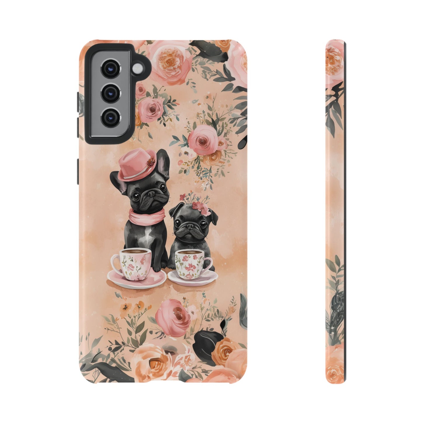 Floral French Bulldogs Samsung Galaxy Case – Elegant Dog Design with Tea Cups & Roses, Shockproof Protection - BOGO Cases