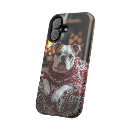 Cozy Bulldog in Sweater MagSafe iPhone Case – Festive Fireplace Protective Cover