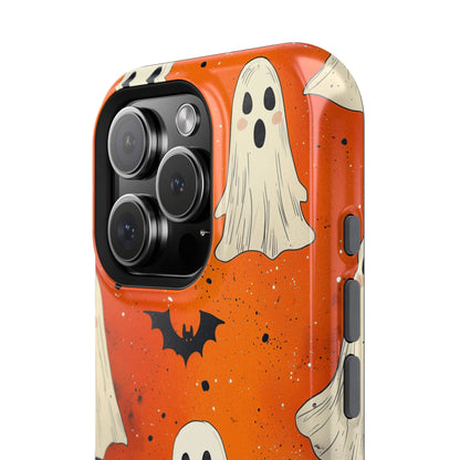 Spooky Ghosts & Bats  MagSafe iPhone Case – Vibrant Orange Halloween Design