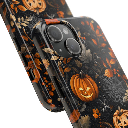 Elegant Halloween iPhone Case – Pumpkin Jack-o'-Lanterns, Cobwebs & Autumn Foliage Design