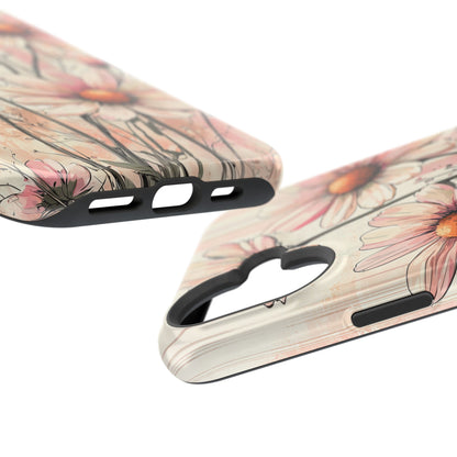 Pastel Pink Daisy MagSafe iPhone Case - Elegant Floral Plaid Protective Cover