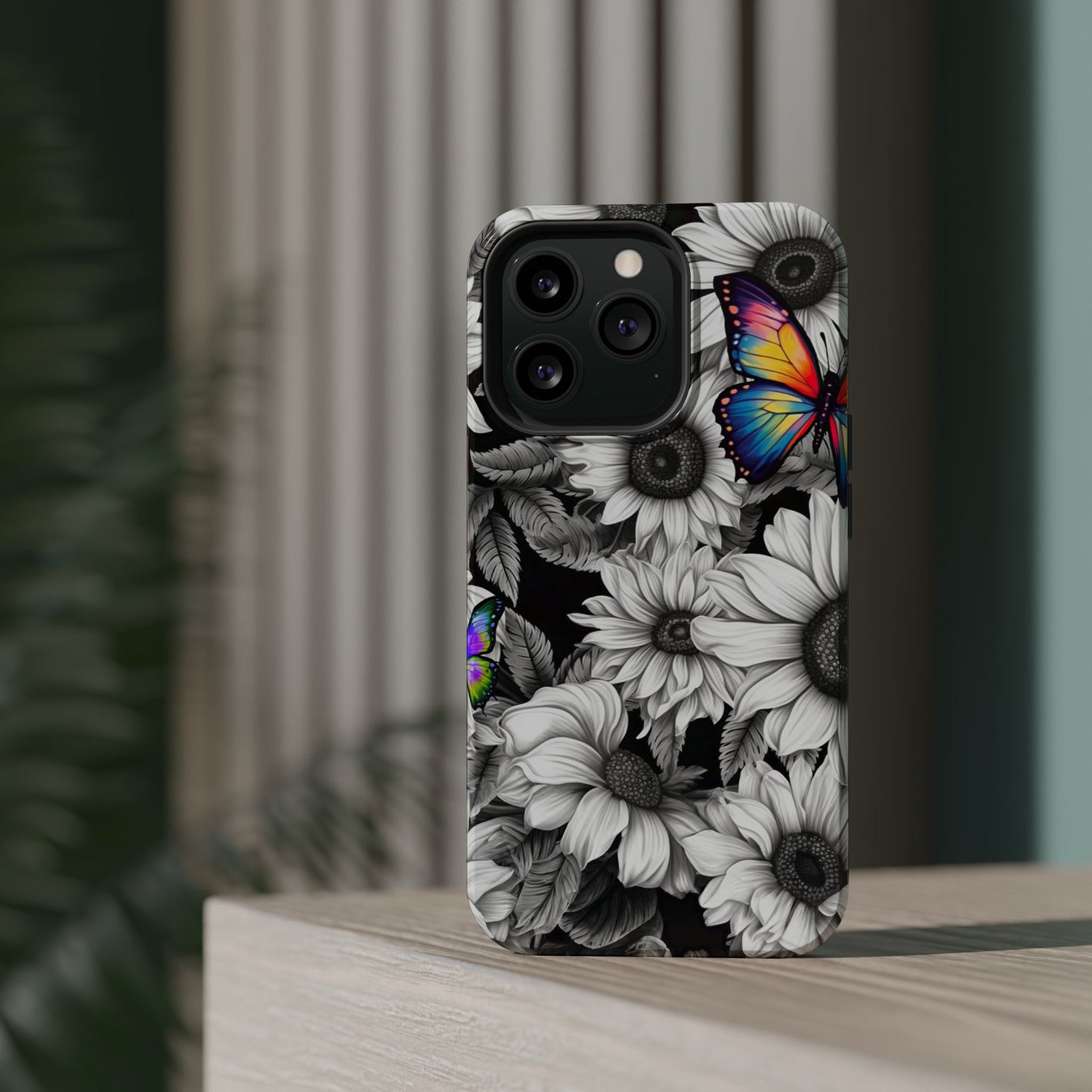 Rainbow Butterflies & Monochrome Sunflowers – MagSafe iPhone Case